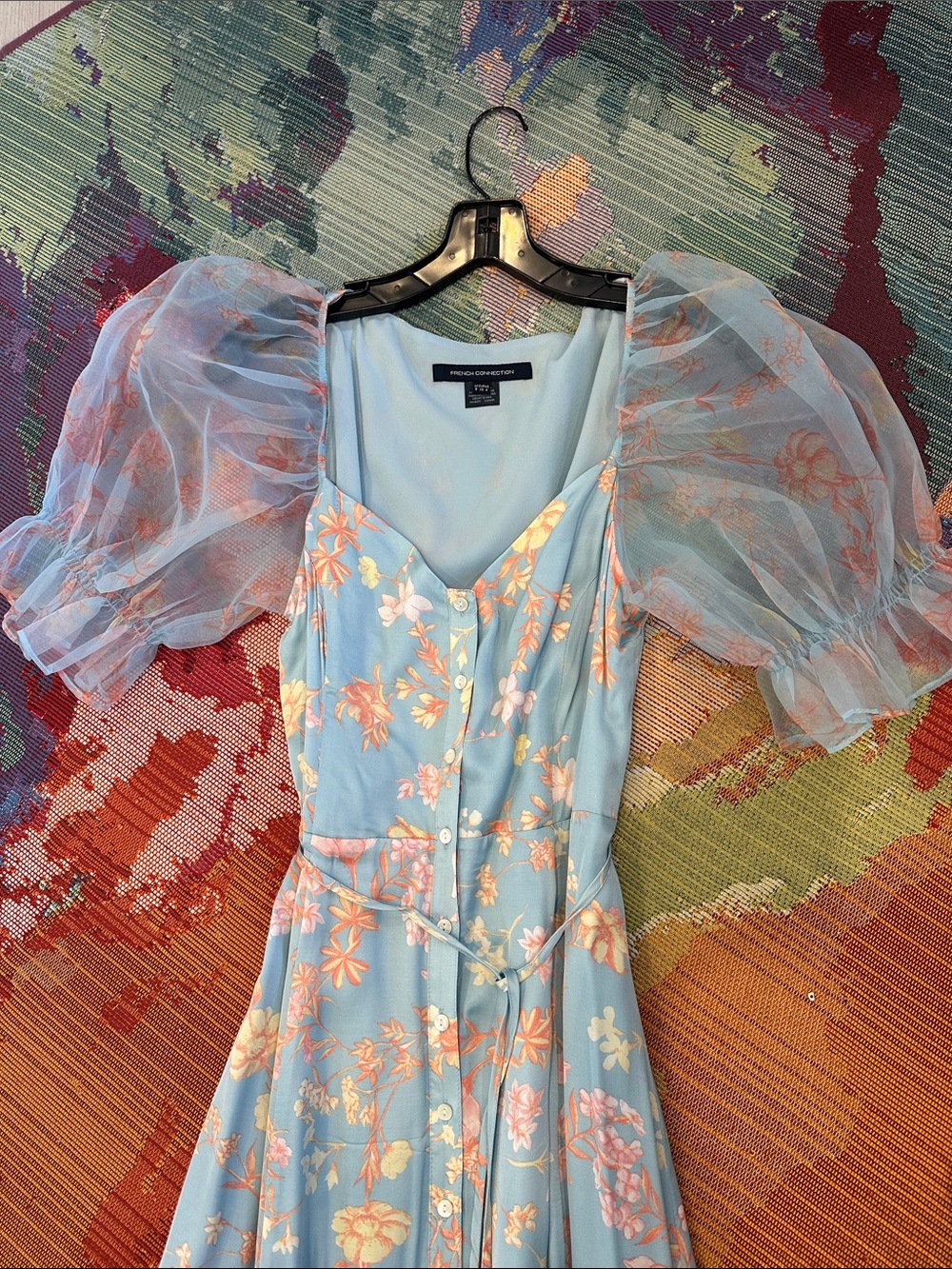 French Connection Blue Floral Midi Dress with Puff Sleeves